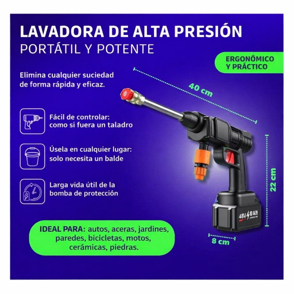 HIDROLAVADORA INALAMBRICA DE ALTA PRESION CON DOS BATERIAS + MALETIN Y TAPETE GRATIS